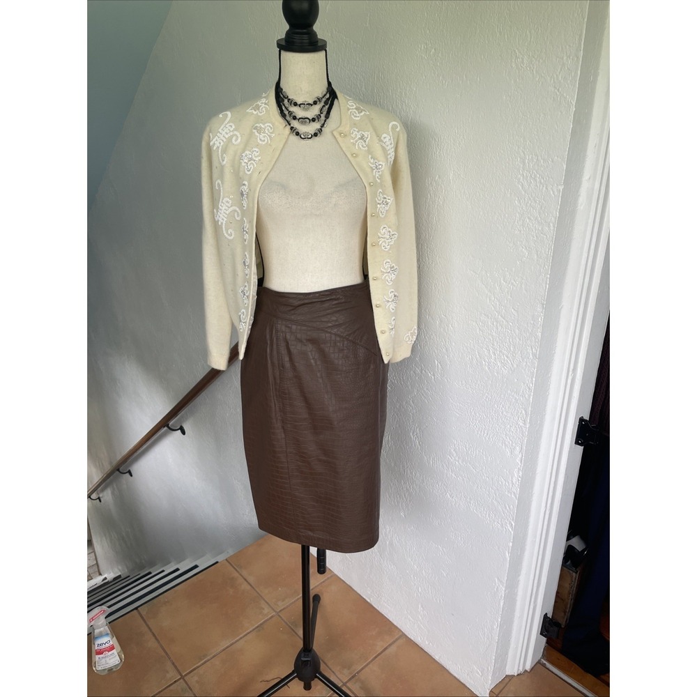 Vintage Toffs Milk Chocolate Brown Leather Alligator Print Pencil Skirt size‎ 10